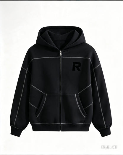 Contrast-Stitched Boxy Fleece Hoodie