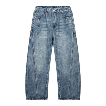 Unisex Vintage Wash Barrel Leg Denim Jeans