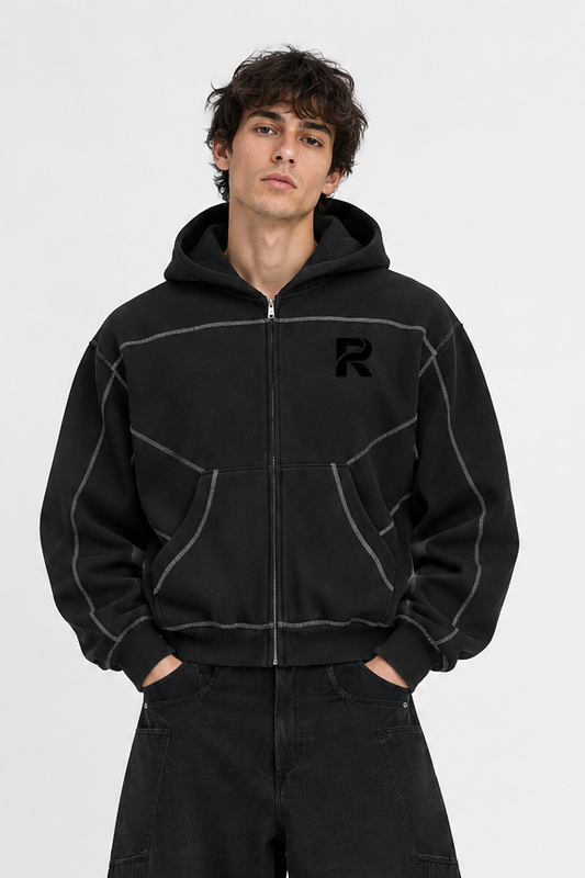 Contrast-Stitched Boxy Fleece Hoodie